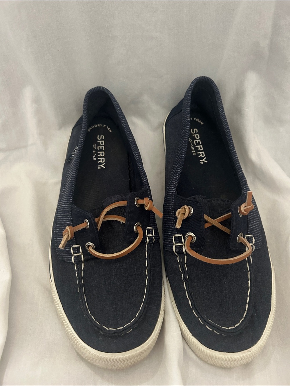 Sperry women’s Navy Canvas Boat Shoes with Tan Leather Laces